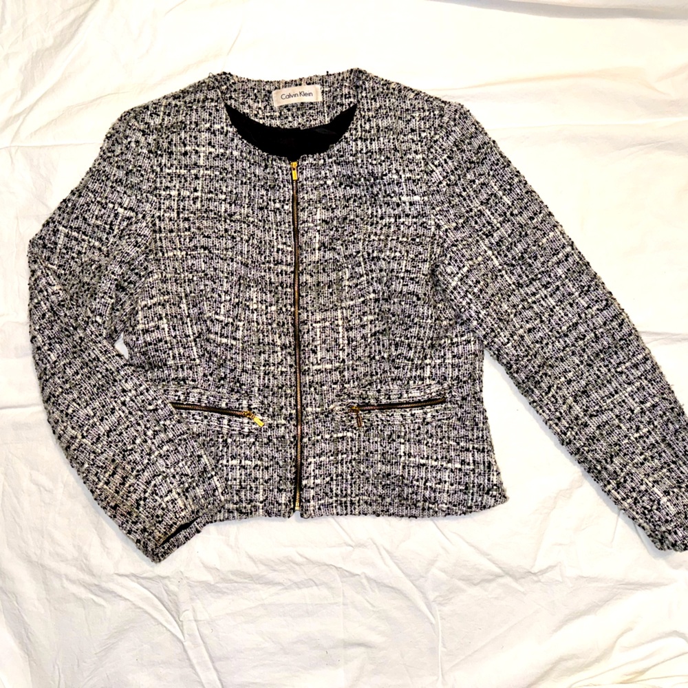 Black and white tweed blazer with gold details